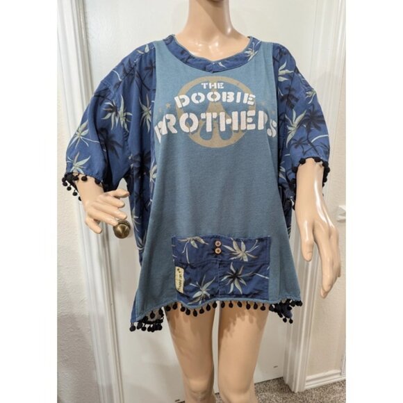 Upcycled Doobie Brothers Kaftan Top Ponch Top Graphic Boho Hippie One Size Blue - Picture 1 of 8